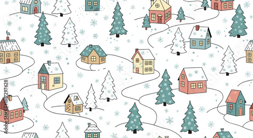 Cozy seamless winter pattern featuring a charming hand-drawn village with snowy houses and fir trees for a festive holiday design.