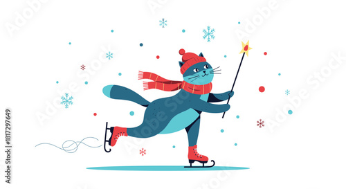 Whimsical cartoon cat in a red hat and scarf ice skating with a magic wand under falling snow for a fun winter holiday card.