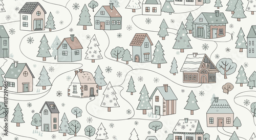 Charming seamless winter pattern of a hand-drawn snowy village with cozy houses and trees for a festive holiday background.