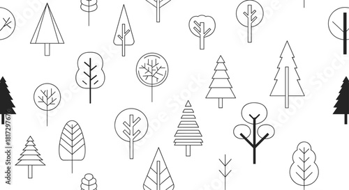 Seamless black and white pattern of minimalist and geometric style trees in a simple outline design perfect for modern wallpaper.