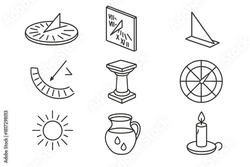 Sundial Icons Collection. Line style icons of Sundials and Timekeeping: horizontal sundial, vertical sundial, gnomon, hour markers