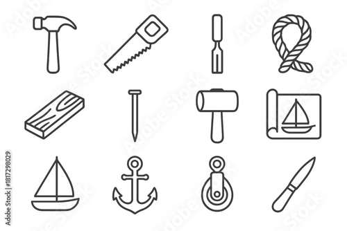 Shipbuilding Tool Icons. Line style icons of Shipbuilding Tools: hammer, saw, chisel, rope; plank, nail, mallet, blueprint; sail,