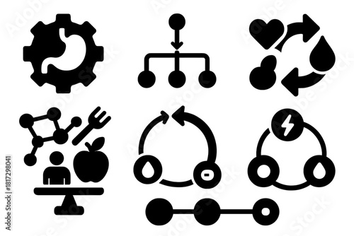 Metabolic Pathway Icons. Solid style icons of metabolic pathways and nutrients: digestion gear icon, metabolic route diagram,