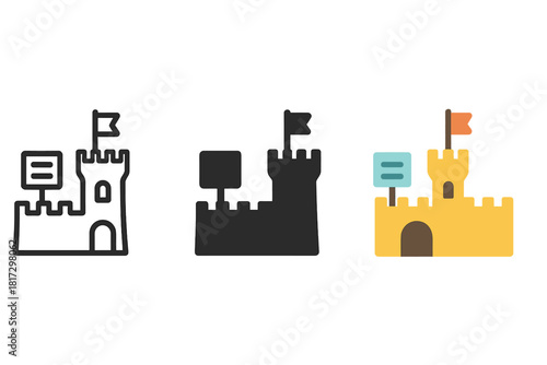 Minimalist Castle Icons. Linear minimalistic heritage site icon: castle, informational sign, fortress wall, tower, gate, flag with