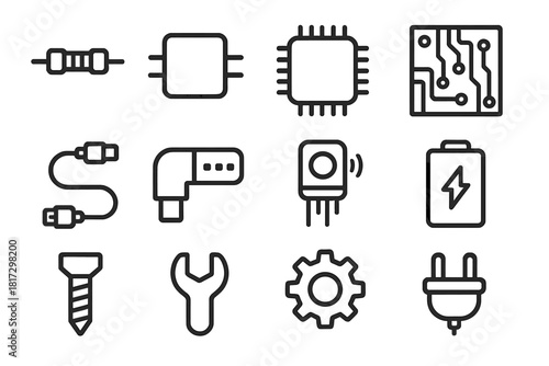 Electronic Components Icons. Line style icons of Electronic Components: Resistor, Capacitor, Chip, Circuit Board; Cable, Connector