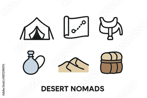 Desert Nomad Essentials. Linear minimalistic desert nomads icon: desert tent, camel saddle, trade route map, water skin, sand