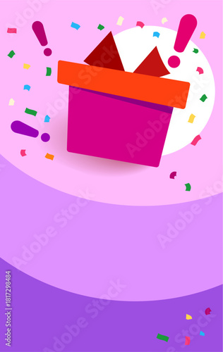 Super prizes win on purple gift box, loyalty program reward. Holiday gift box. Wonder gift with exclamation mark and confetti. Vector icon in modern flat style