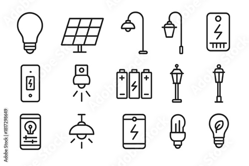 Renewable Lighting Icons. Line style icons of Renewable Lighting: LED bulb, solar panel, street lamp, energy meter; smart switch,