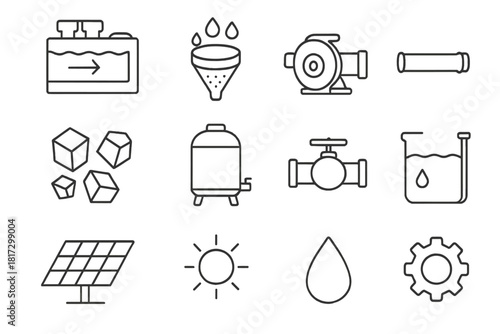 Desalination Process Icons. Line style icons of Desalination: Reverse Osmosis Plant, Filter, Pump, Pipe; Salt Crystals, Tank,