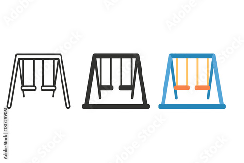 Swing Set Styles. Minimalist swing set icon: three identical backyard swing sets in a row, first in line style with thin outline,