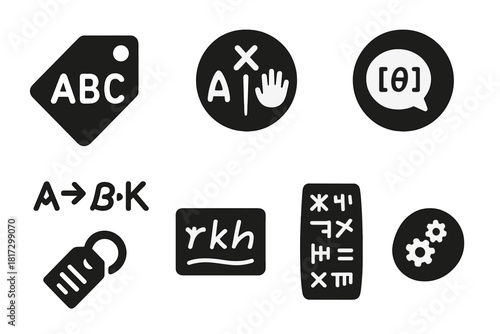 Ancient Writing Icons. Solid style icons of ruin-based language studies: early alphabet tag icon, primitive symbol ring, phonetic