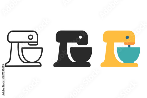 Minimalist Mixer Icons. Minimalist mixer icon: three identical stand mixers in a row, first in line style with thin outline,