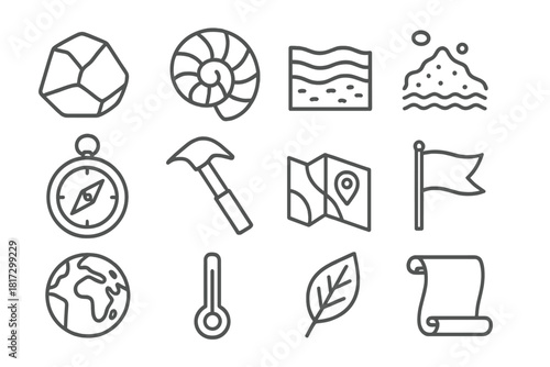 Geological Icons Collection. Line style icons of Geological Markers: Rock, Fossil, Layer, Sediment; Compass, Hammer, Map, Flag;