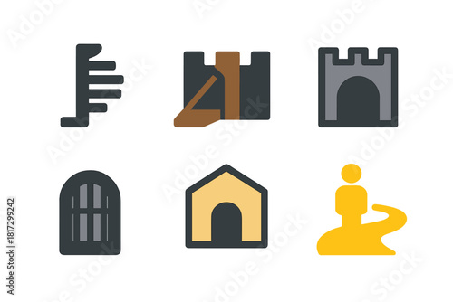 Medieval Sightseeing Icon. Linear minimalistic medieval sightseeing icon: spiral staircase, drawbridge, battlement walk, dungeon