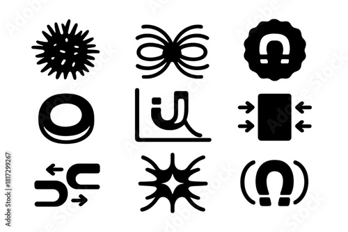 Magnetic Field Icons. Solid style icons of magnetic field interaction concepts: iron filings glyph, force lines icon, pull badge.