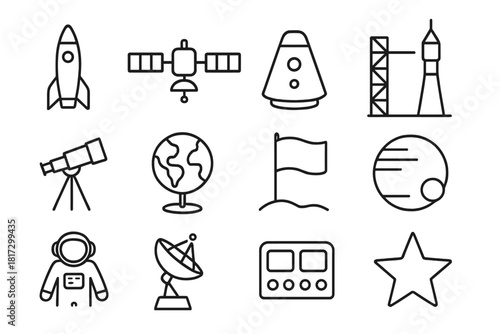 Space History Icons. Line style icons of History of Spaceflight: Rocket, Satellite, Space Capsule, Launchpad; Telescope, Globe,