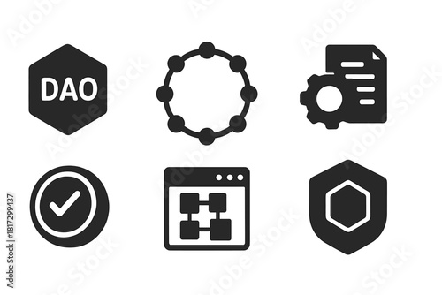DAO Icon Set. Solid style icons of decentralized autonomous organizations: DAO hexagon icon, connected nodes ring, blockchain