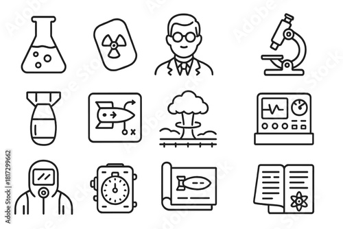 Manhattan Project Icons. Line style icons of Manhattan Project: laboratory flask, uranium sample, scientist, microscope; bomb