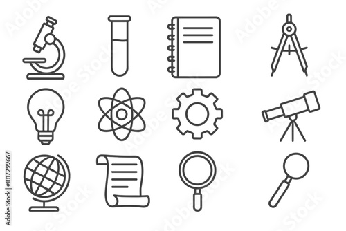 Science Icon Collection. Line style icons of Philosophy of Science: Microscope, Test Tube, Notebook, Compass; Light Bulb, Atom,