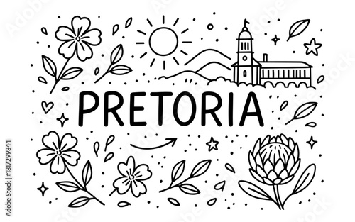 Pretoria doodle with floral and iconic landmarks in black and white line art