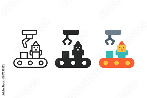 Minimalist Assembly Lines. Minimalist assembly line icon: three identical toy assembly lines in a row, first in line style with