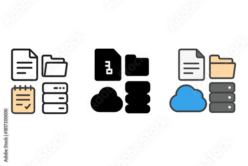 Digital Archives Icons. Linear minimalistic digital archives icon: document files, folder stack, compressed zip, backup log sheet,