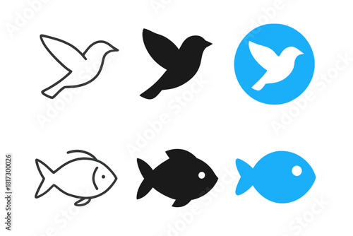 Minimalistic Bird and Fish Icons. Linear minimalistic bird icon: flying bird outline, uniform line thickness, no fill, Solid bird