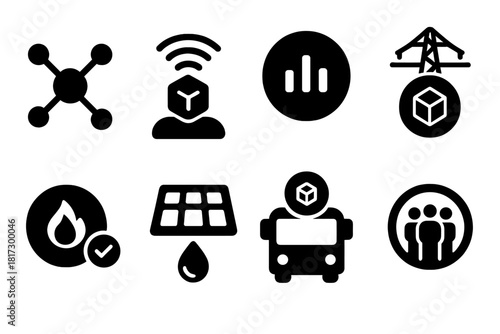 Decentralized Infrastructure Icons. Solid style icons of DAO-powered infrastructure: decentralized internet node, mesh router icon