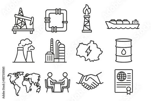 Energy Geopolitics Icons. Line style icons of Energy Geopolitics: oil rig, pipeline network, gas flare, tanker ship; power plant,