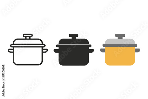 Pressure Cooker Icons. Minimalist pressure cooker icon: three identical pressure cookers in a row, first in line style with thin