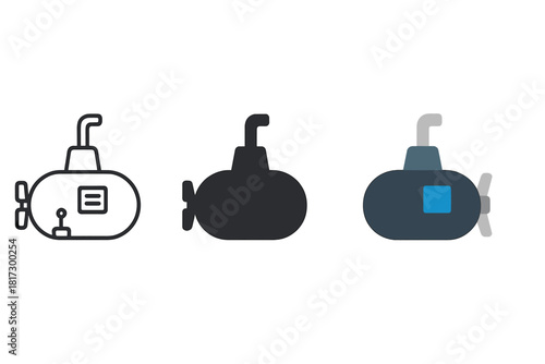 Minimal Submarine Icons. Linear minimalistic naval submarine icon: hull cross-section, periscope, sonar panel, ballast switch,