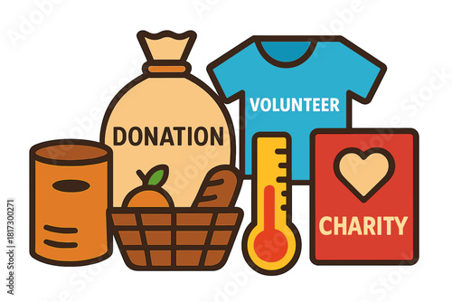 Community Drive Icons. Linear minimalistic community drive icon: canned goods, donation bag, volunteer shirt, progress chart,