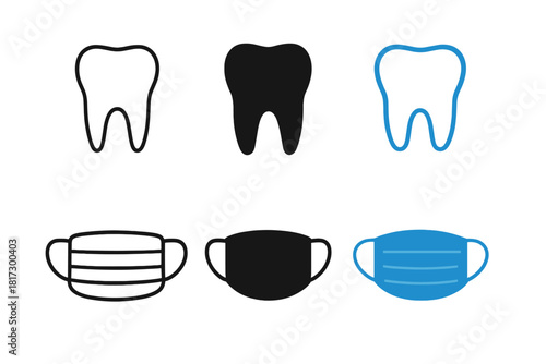 Minimal Tooth and Mask Icons. Linear minimalistic tooth icon: tooth outline with roots, uniform line thickness, no fill, Solid