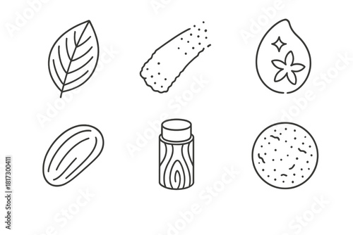 Nature-Inspired Makeup Textures. Line style icons of nature-inspired makeup textures: leaf-vein blush pattern, sandy powder swatch