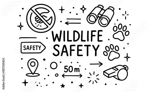 Wildlife safety tips with doodle art icons and symbols
