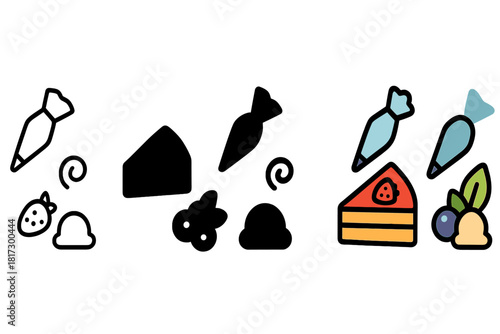Dessert Plating Icons. Linear minimalistic dessert plating icon: cake slice, piping bag, chocolate curl, fruit garnish, ice cream
