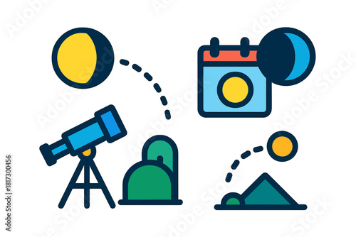 Eclipse Tracking Icons. Linear minimalistic eclipse tracking icon: solar eclipse, lunar eclipse, telescope, calendar, shadow path,