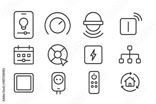 Lighting Control Icons. Line style icons of Lighting Control Technology: app interface, dimmer knob, motion sensor, wireless