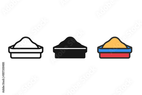 Stylized Sandbox Trio. Minimalist sandbox icon: three identical sandboxes in a row, first in line style with thin outline, second