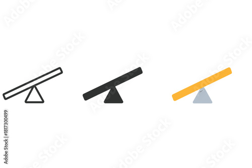 Minimalist Seesaw Icon Trio. Minimalist seesaw icon: three identical seesaws in a row, first in line style with thin outline,