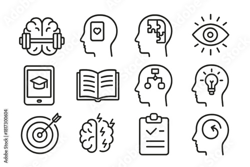 Cognitive Enhancement Icons. Line style icons of Cognitive Enhancement: brain training, memory games, puzzle solving, focus