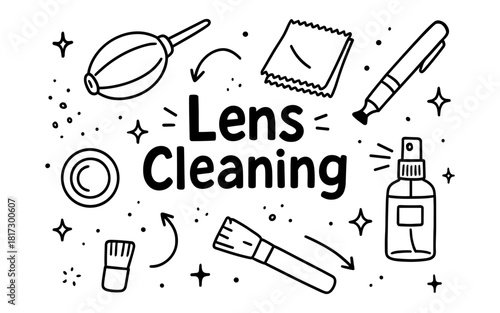 Lens cleaning essentials with hand drawn icons for photography maintenance