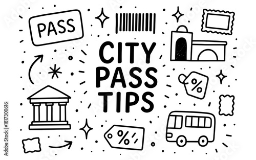 City pass tips: simplified guide with iconic landmarks and discounts in doodle style