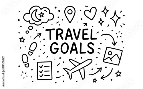 Hand-drawn travel icons featuring airplane, map pin, and adventure elements