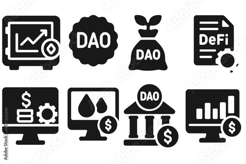 DAO Treasury Icons. Solid style icons of DAO treasuries in DeFi: DAO vault with DeFi chart, LP token badge, yield farming with DAO