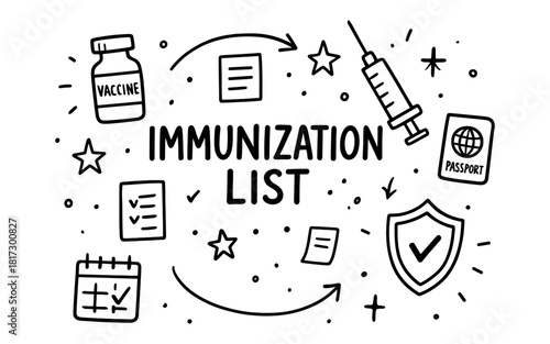 Immunization icons with vaccine, syringe, and health passport in doodle style