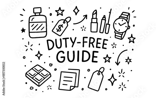 Hand drawn duty free shopping essentials guide with icons and stars
