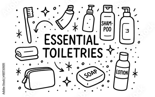 Minimalist toiletries doodle collection: shampoo, lotion, soap, toothbrush, and towels