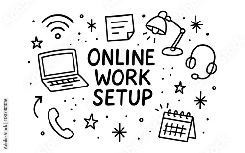 Hand-drawn doodle style icons for online work and communication setup