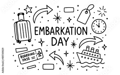 Embarkation day doodle with luggage, boarding pass, and cruise ship elements